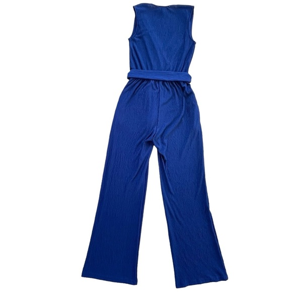 Monteau Blue Crinkle Jumpsuit Women’s Size S Belted Sleeveless Wide Leg - Picture 4 of 9